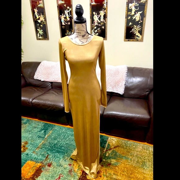 BCBGMaxAzria | Dresses | Bcbg Max Azria Gold Fitted Gown With Side Slit |  Poshmark